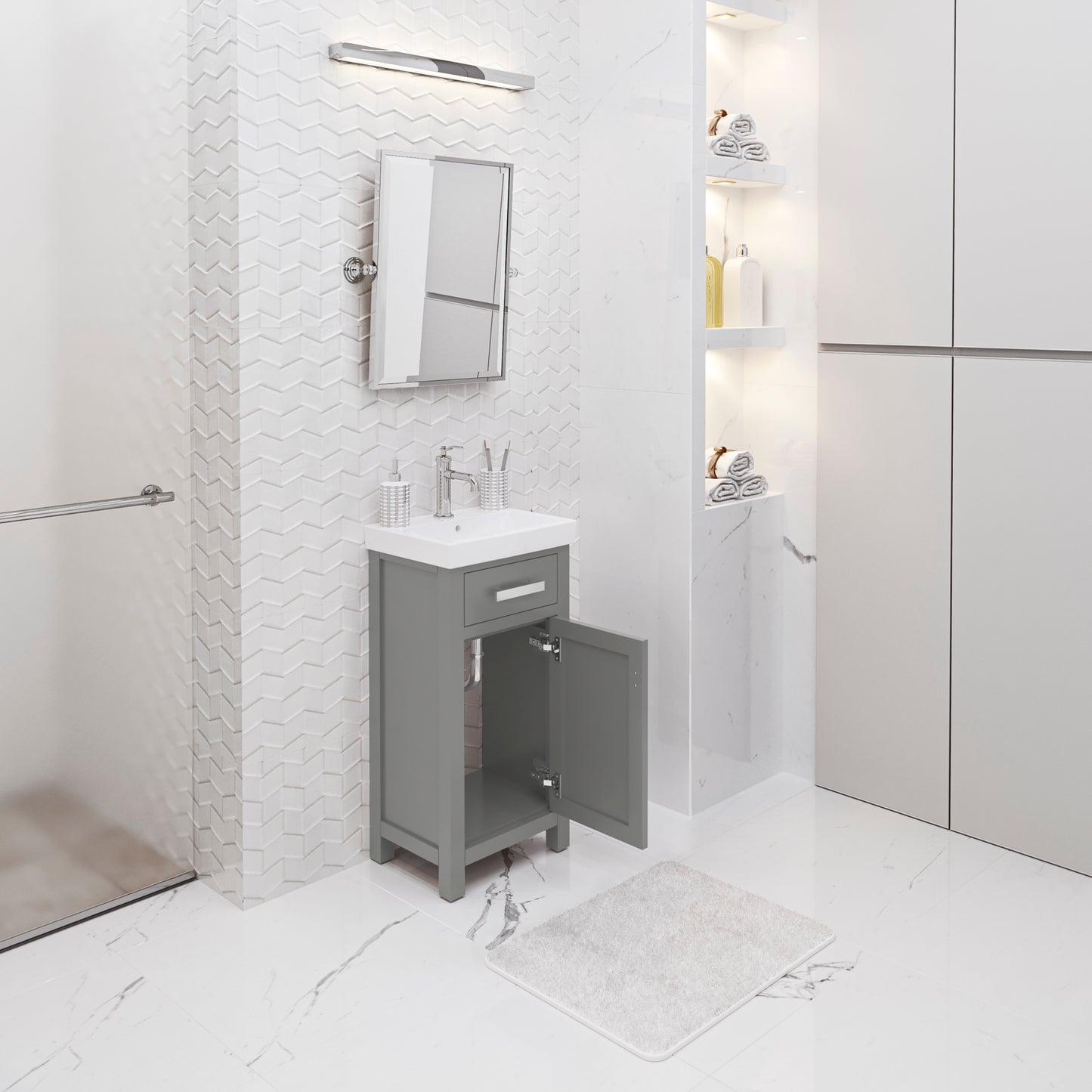 MIA 18 in. W Bath Vanity in Cashmere Grey Finish with Ceramics Integrated Vanity Top with White Basin | Water Creation