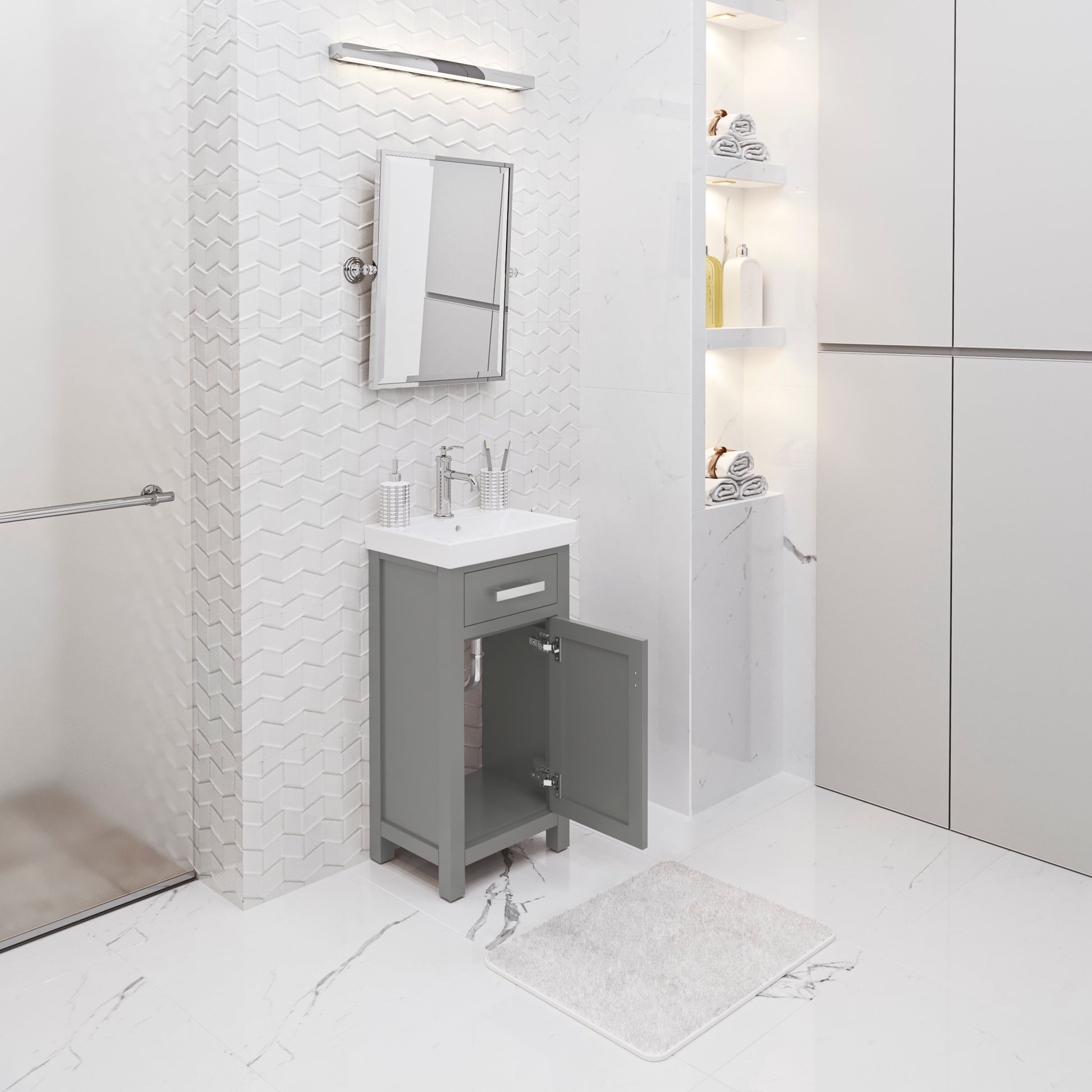 MIA 18 in. W Bath Vanity in Cashmere Grey Finish with Ceramics Integrated Vanity Top with White Basin | Water Creation