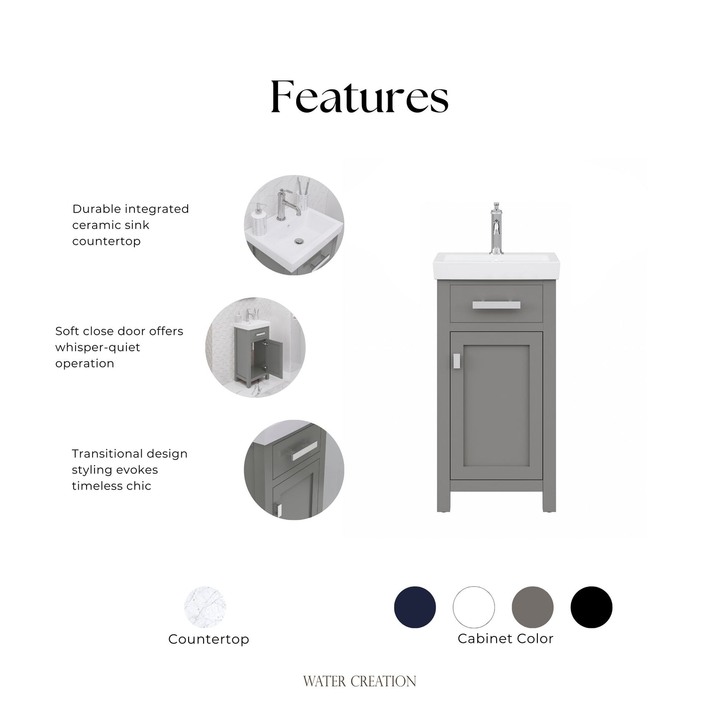 MIA 18 in. W Bath Vanity in Cashmere Grey Finish with Ceramics Integrated Vanity Top with White Basin | Water Creation