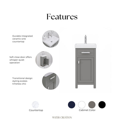 MIA 18 in. W Bath Vanity in Cashmere Grey Finish with Ceramics Integrated Vanity Top with White Basin | Water Creation