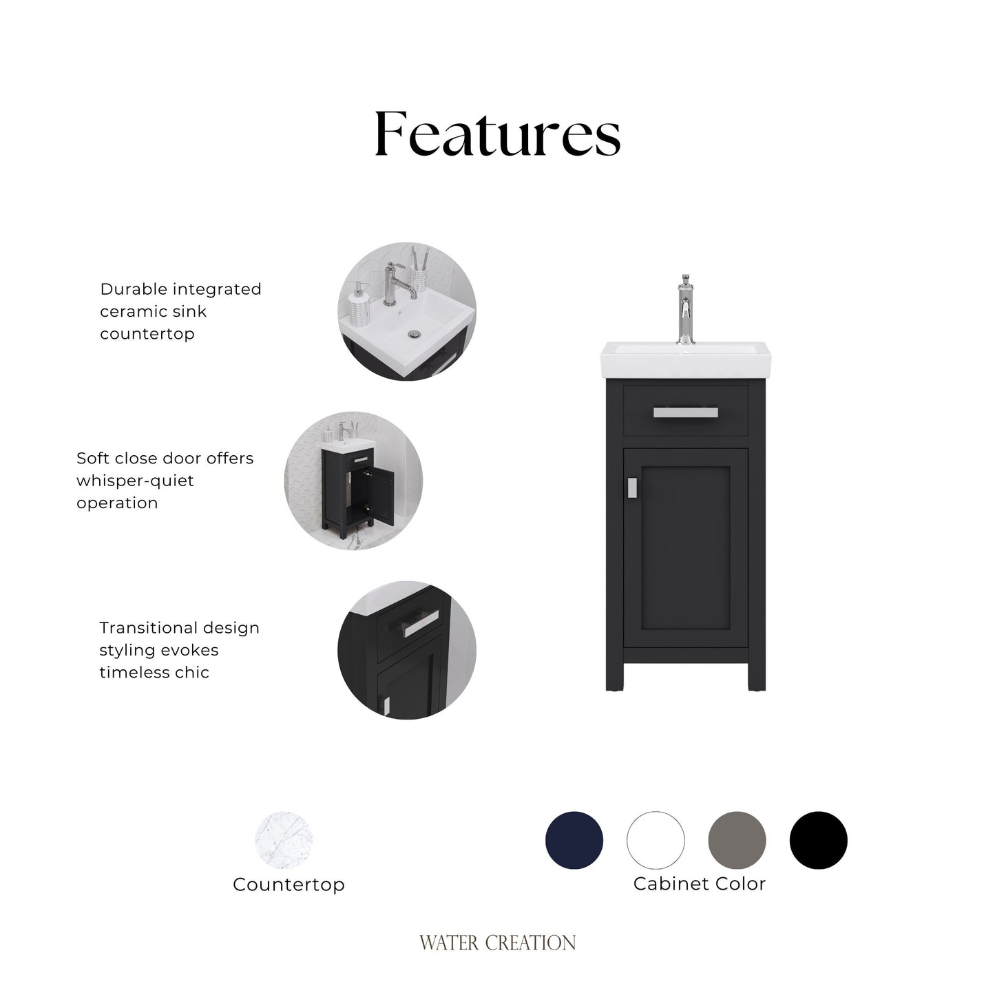 MIA 18 in. W Bath Vanity in Espresso Finish with Ceramics Integrated Vanity Top with White Basin | Water Creation