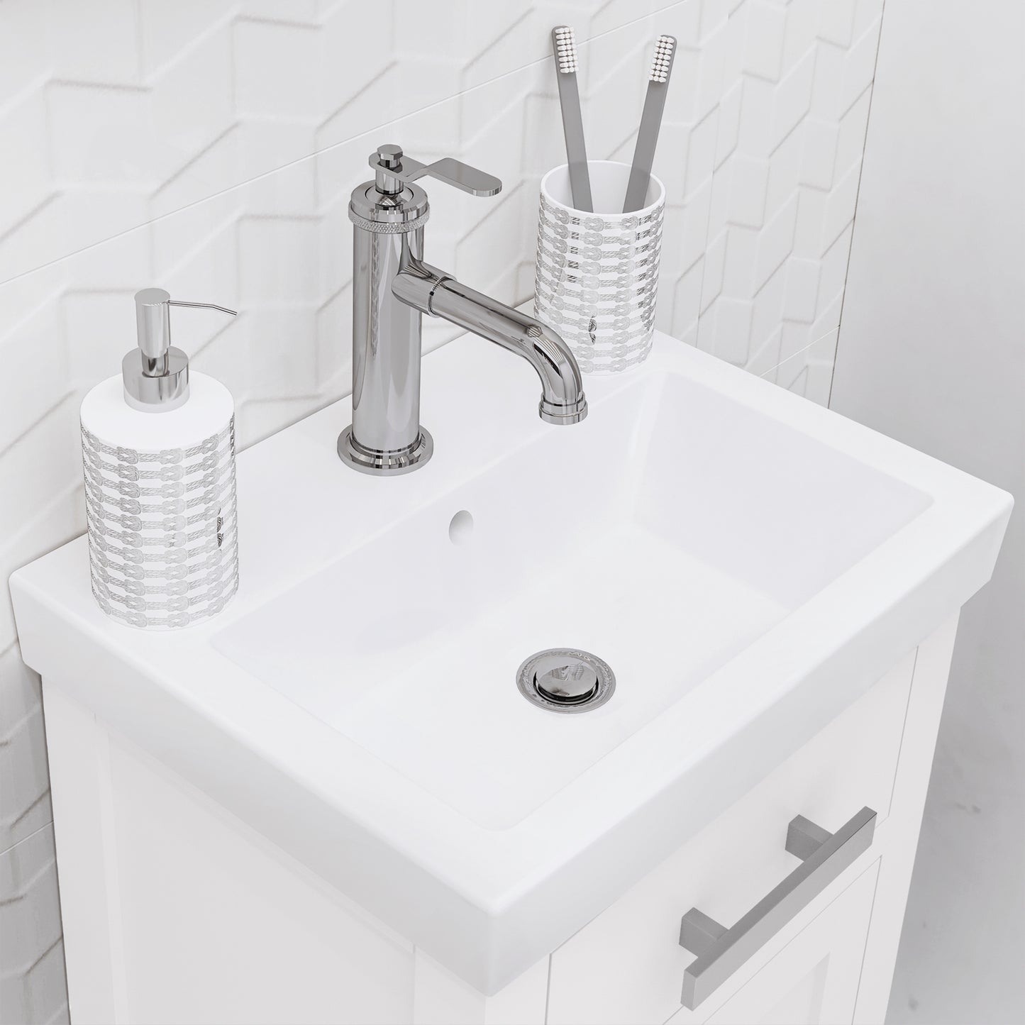 MIA 18 in. W Bath Vanity in Pure White Finish with Ceramics Integrated Vanity Top with White Basin | Water Creation