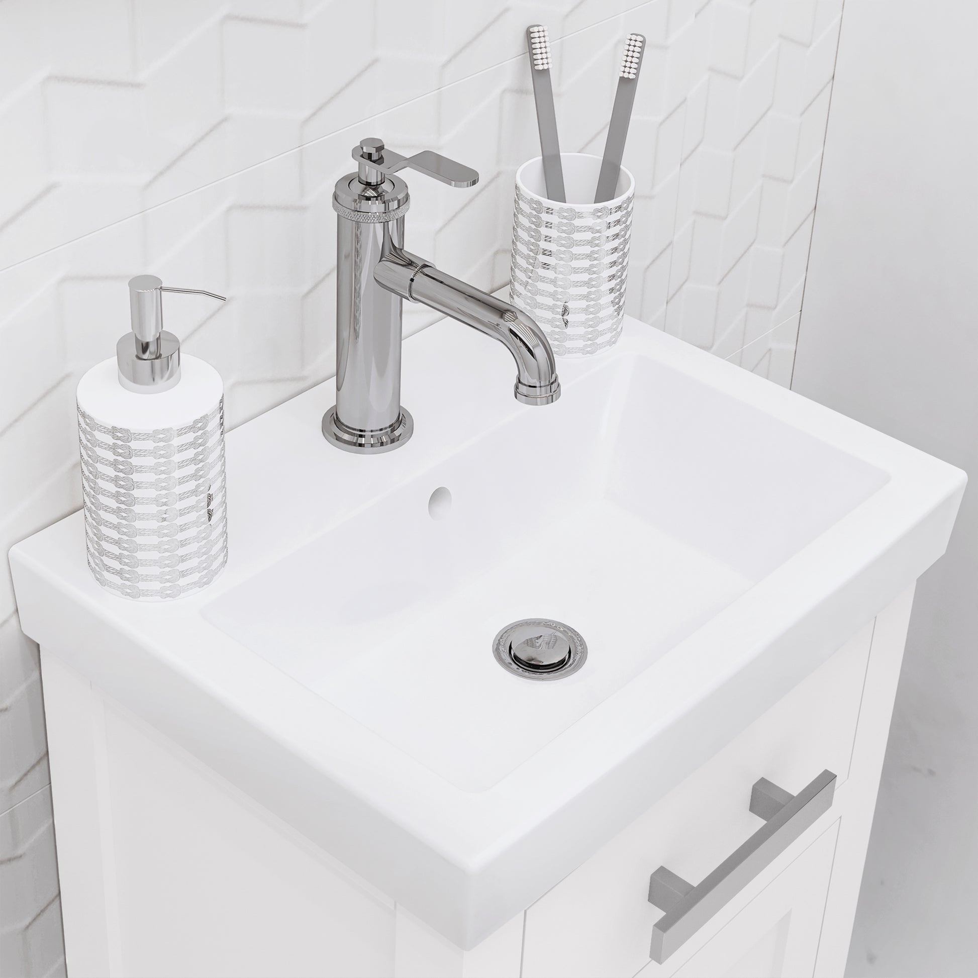 MIA 18 in. W Bath Vanity in Pure White Finish with Ceramics Integrated Vanity Top with White Basin | Water Creation