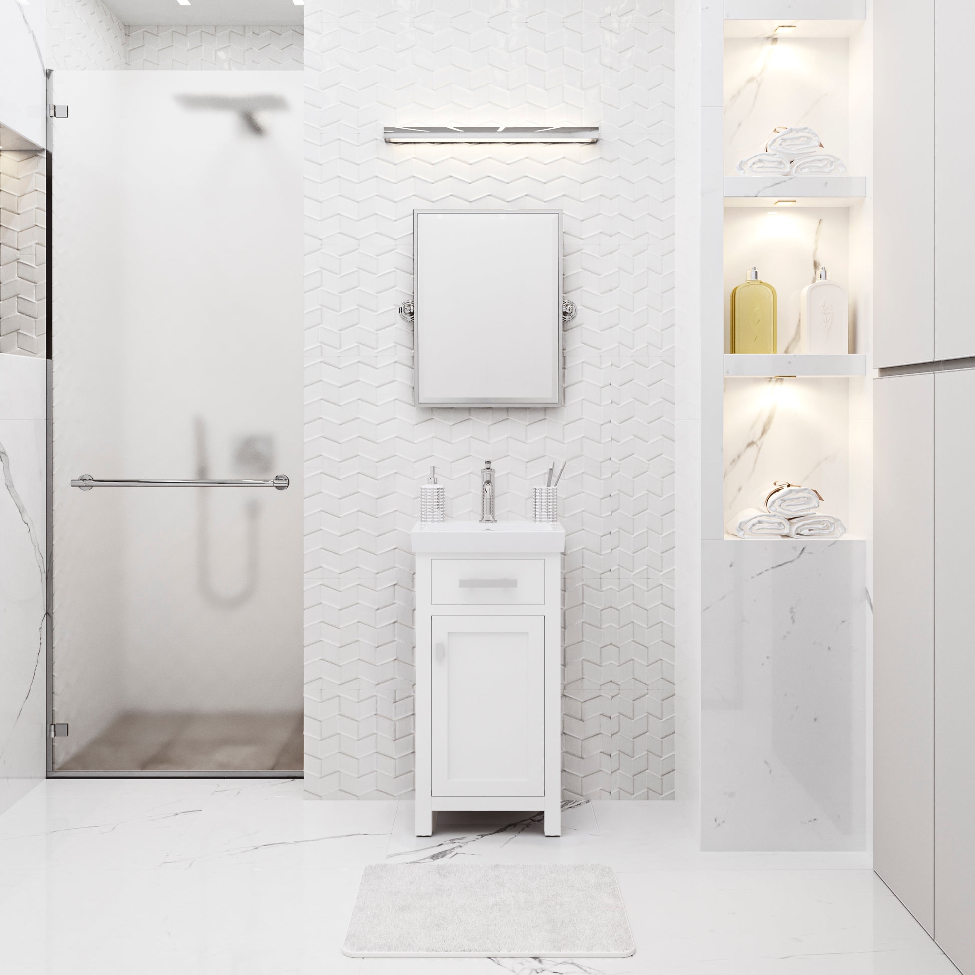 MIA 18 in. W Bath Vanity in Pure White Finish with Ceramics Integrated Vanity Top with White Basin | Water Creation