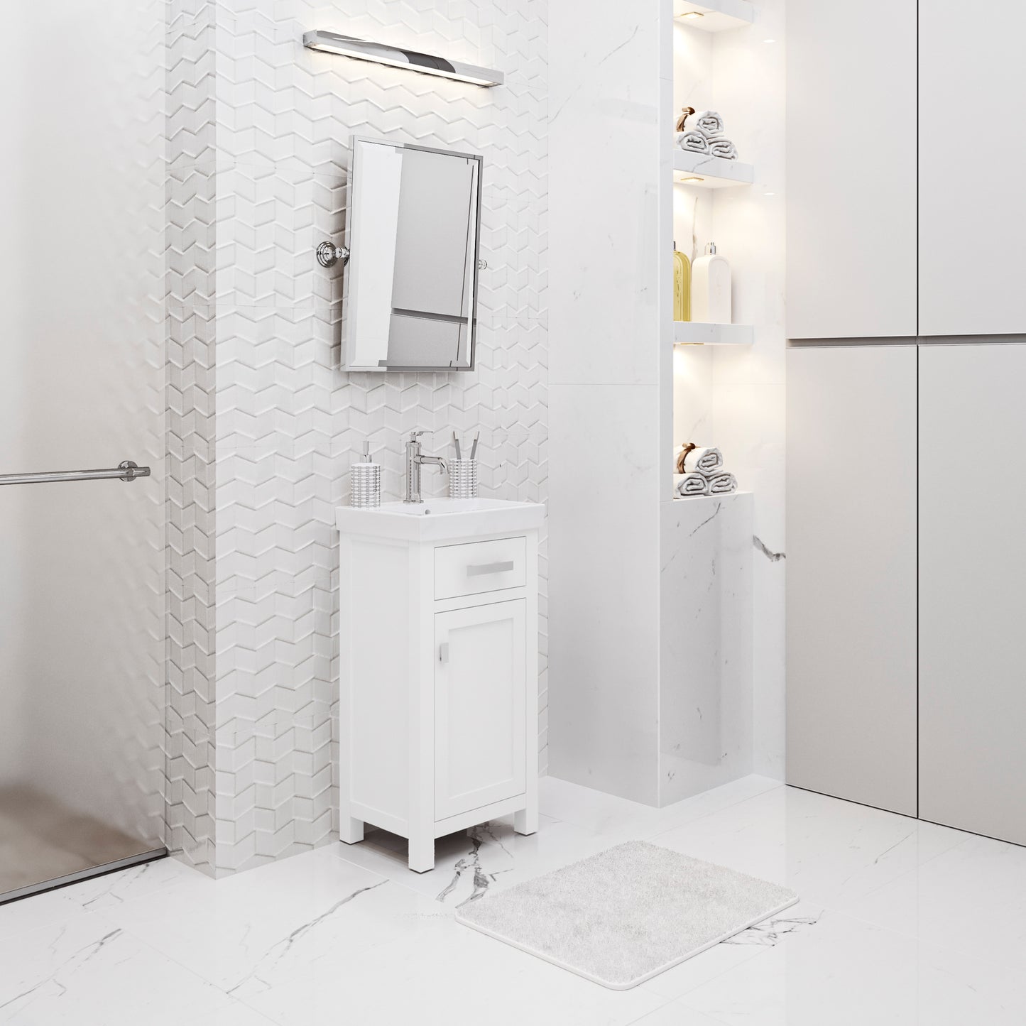 MIA 18 in. W Bath Vanity in Pure White Finish with Ceramics Integrated Vanity Top with White Basin | Water Creation
