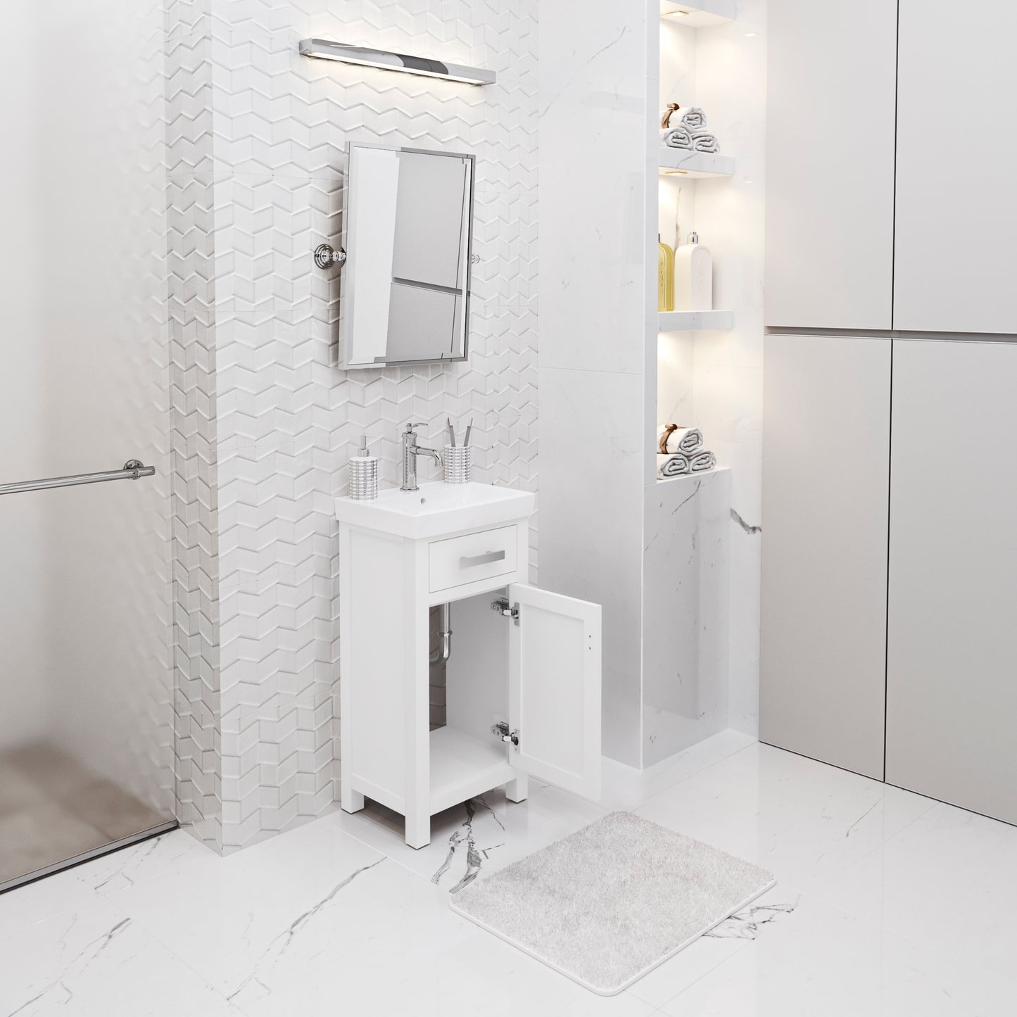 MIA 18 in. W Bath Vanity in Pure White Finish with Ceramics Integrated Vanity Top with White Basin | Water Creation