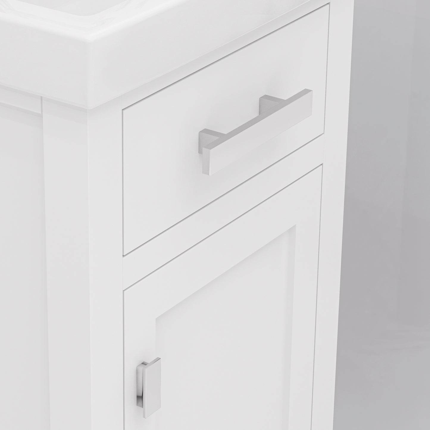 MIA 18 in. W Bath Vanity in Pure White Finish with Ceramics Integrated Vanity Top with White Basin | Water Creation