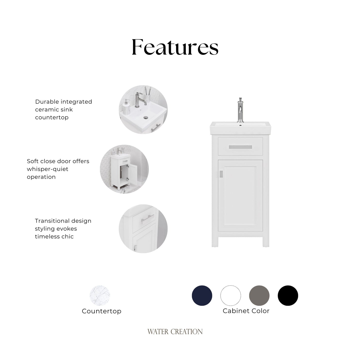 MIA 18 in. W Bath Vanity in Pure White Finish with Ceramics Integrated Vanity Top with White Basin | Water Creation