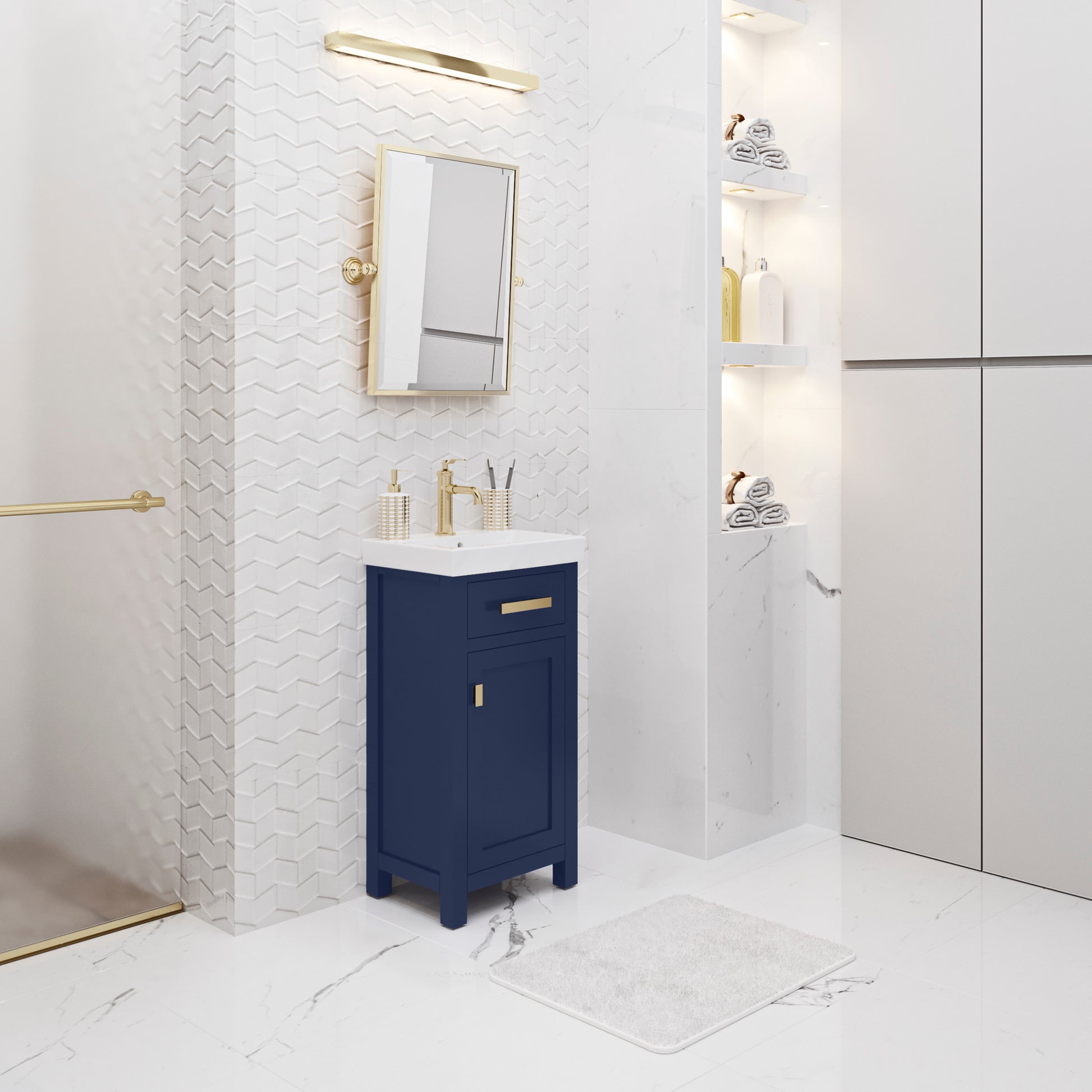 MIA 18 in. W Bath Vanity in Monarch Blue Finish with Ceramics Integrated Vanity Top with White Basin | Water Creation
