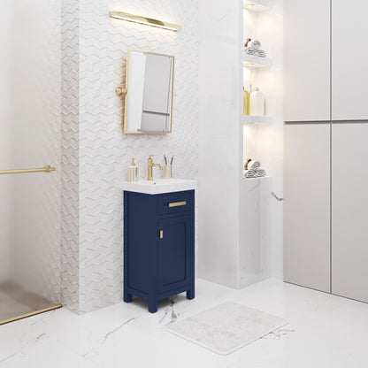 MIA 18 in. W Bath Vanity in Monarch Blue Finish with Ceramics Integrated Vanity Top with White Basin | Water Creation