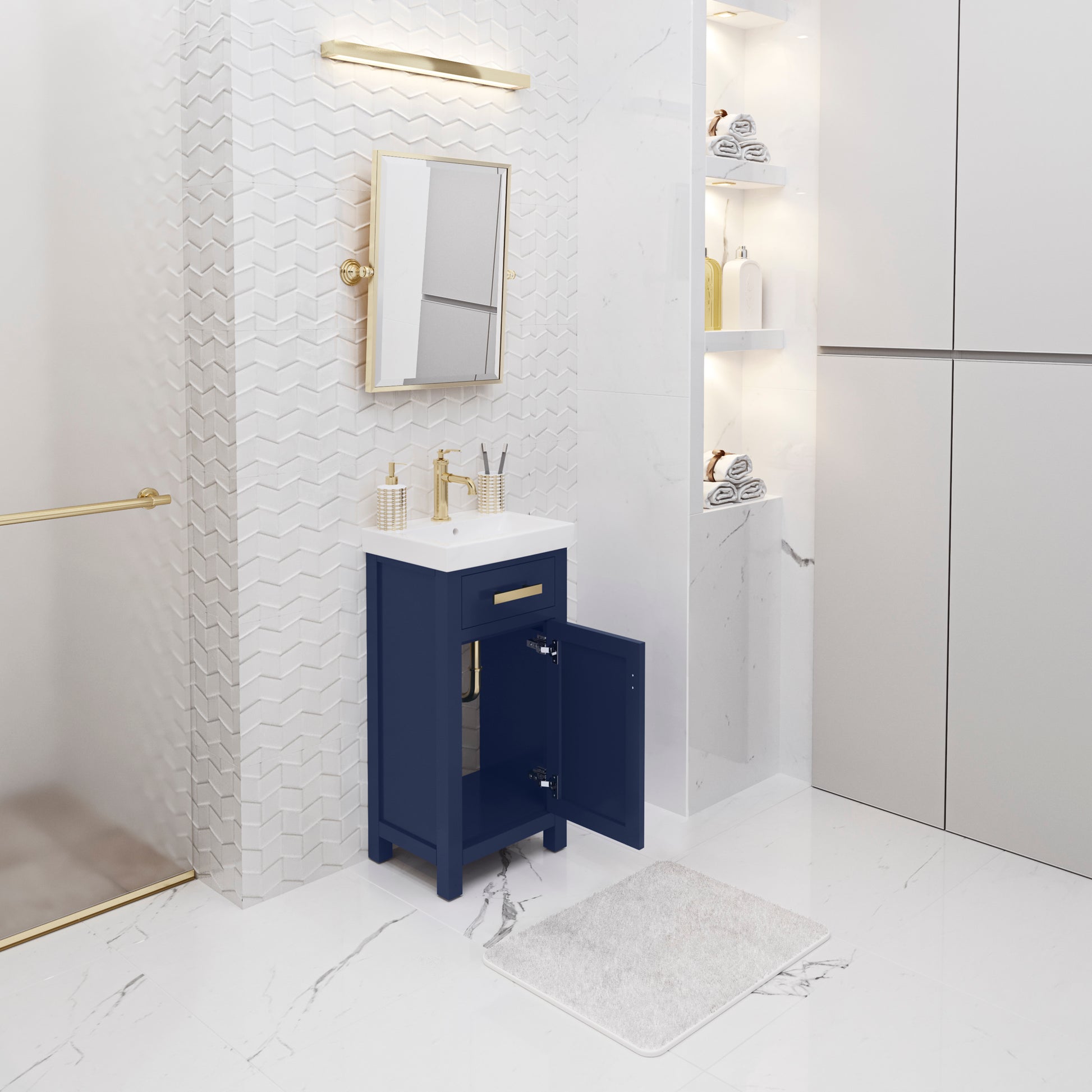 MIA 18 in. W Bath Vanity in Monarch Blue Finish with Ceramics Integrated Vanity Top with White Basin | Water Creation