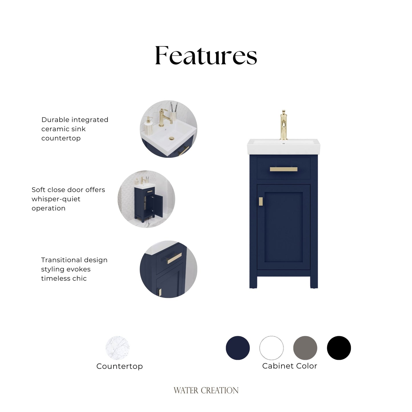MIA 18 in. W Bath Vanity in Monarch Blue Finish with Ceramics Integrated Vanity Top with White Basin | Water Creation