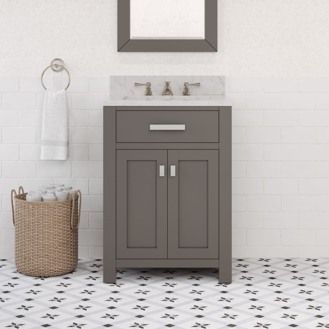 24 in. W x 21 in. D x 34 in. H Vanity in Cashmere Grey with Marble Vanity Top in Carrara White | Water Creation