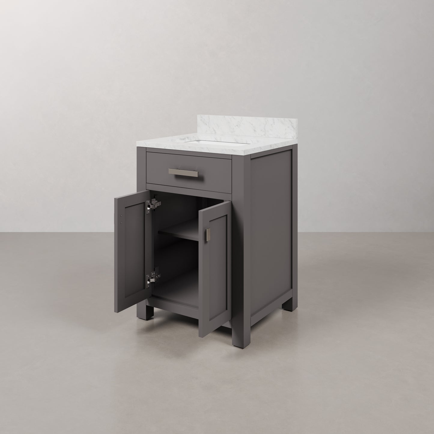 24 in. W x 21 in. D x 34 in. H Vanity in Cashmere Grey with Marble Vanity Top in Carrara White | Water Creation