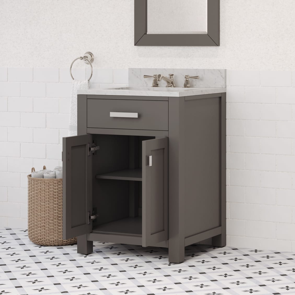24 in. W x 21 in. D x 34 in. H Vanity in Cashmere Grey with Marble Vanity Top in Carrara White | Water Creation