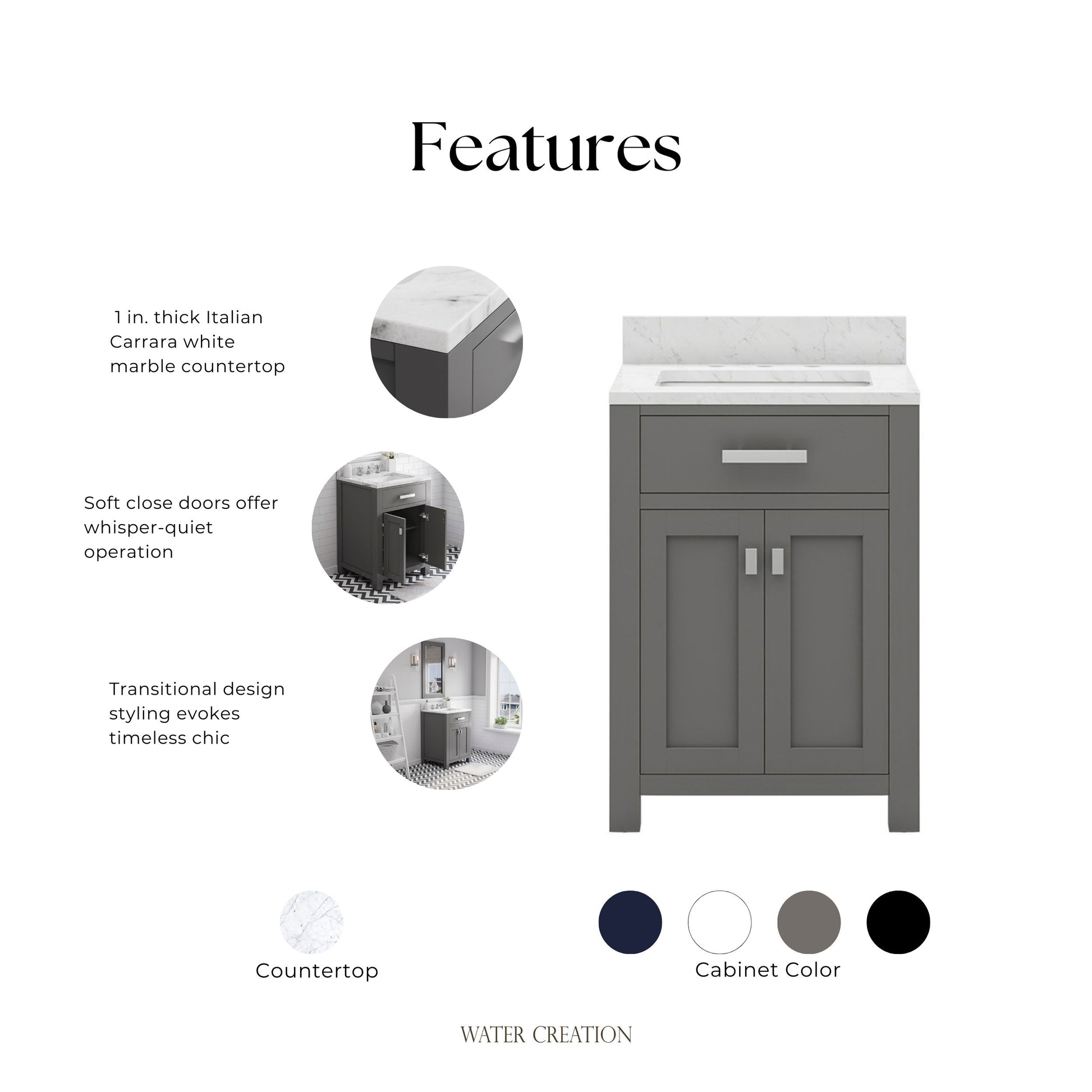 24 in. W x 21 in. D x 34 in. H Vanity in Cashmere Grey with Marble Vanity Top in Carrara White | Water Creation