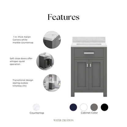 24 in. W x 21 in. D x 34 in. H Vanity in Cashmere Grey with Marble Vanity Top in Carrara White | Water Creation