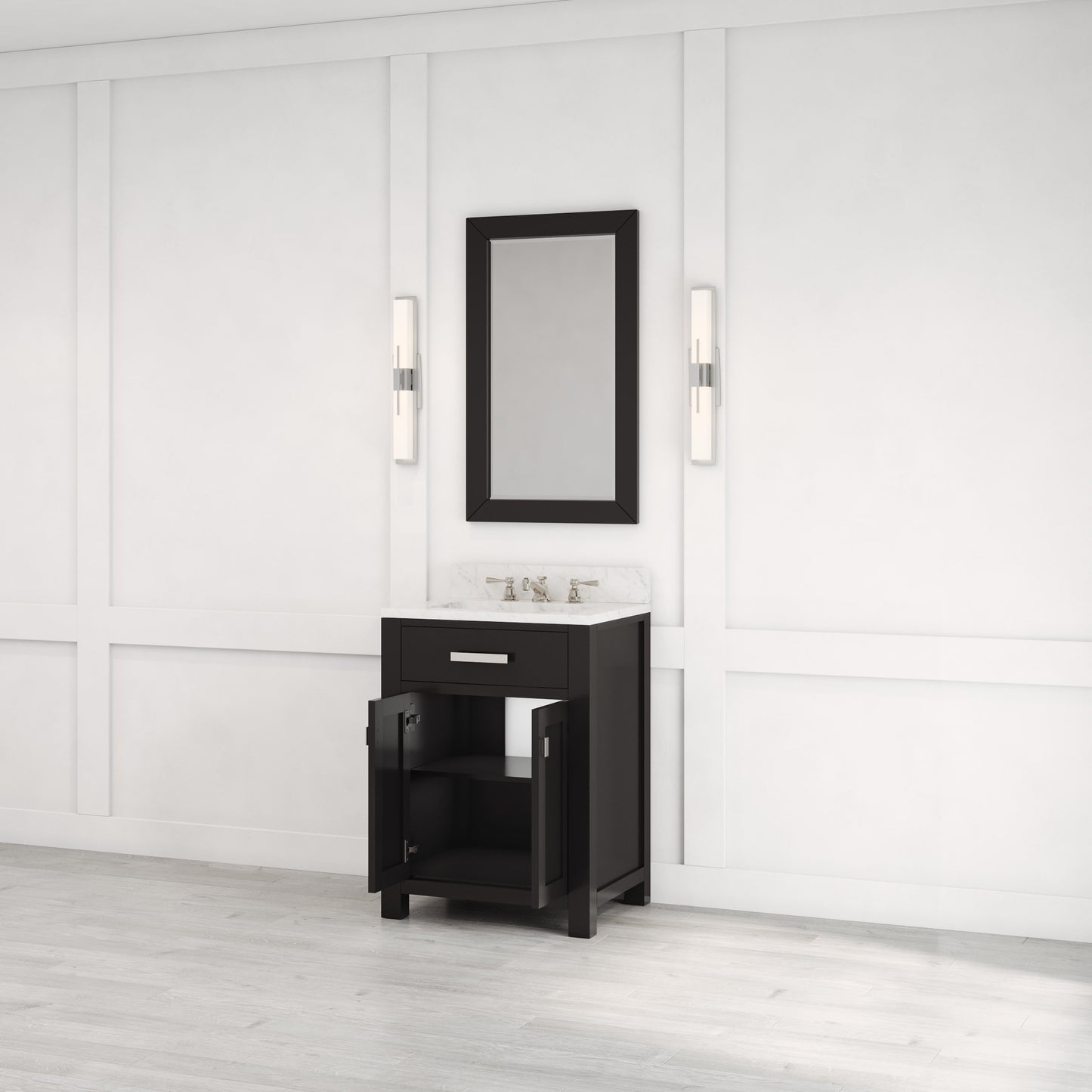 Madison 24 in. W x 21.5 in. D x 34 in. H Single Sink Bath Vanity in Espresso with Carrara White Marble Top | Water Creation