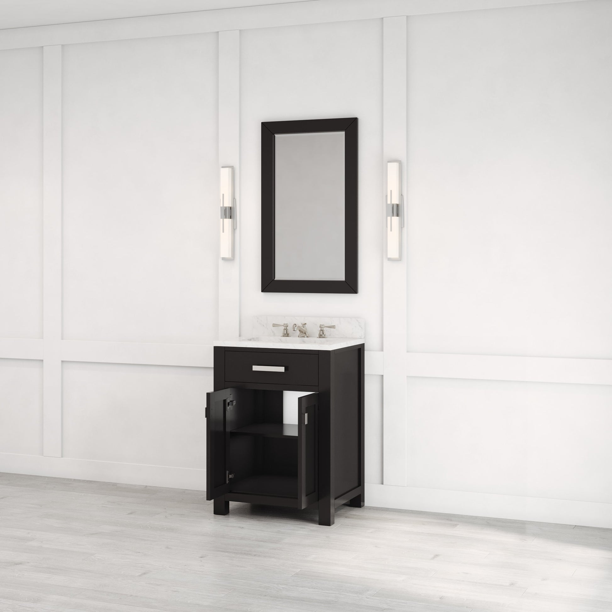 Madison 24 in. W x 21.5 in. D x 34 in. H Single Sink Bath Vanity in Espresso with Carrara White Marble Top | Water Creation