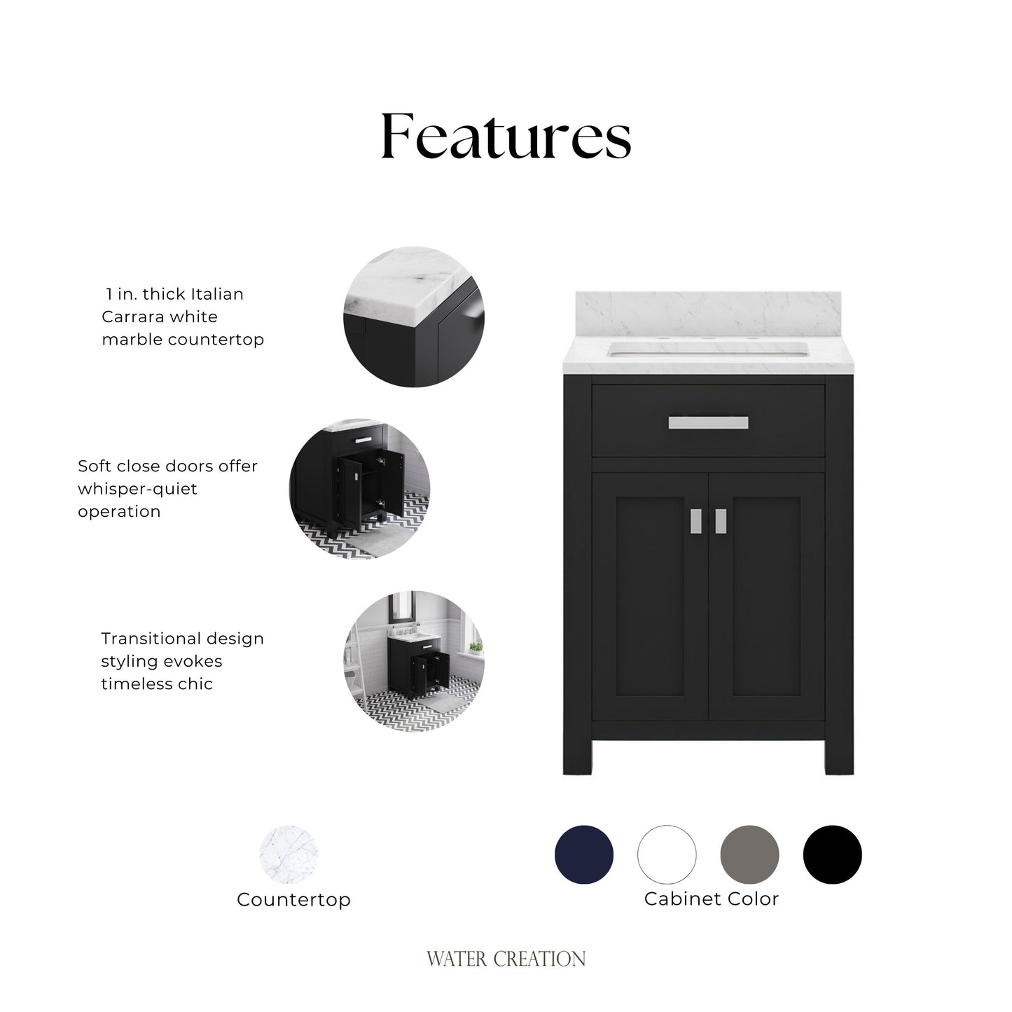 Madison 24 in. W x 21.5 in. D x 34 in. H Single Sink Bath Vanity in Espresso with Carrara White Marble Top | Water Creation