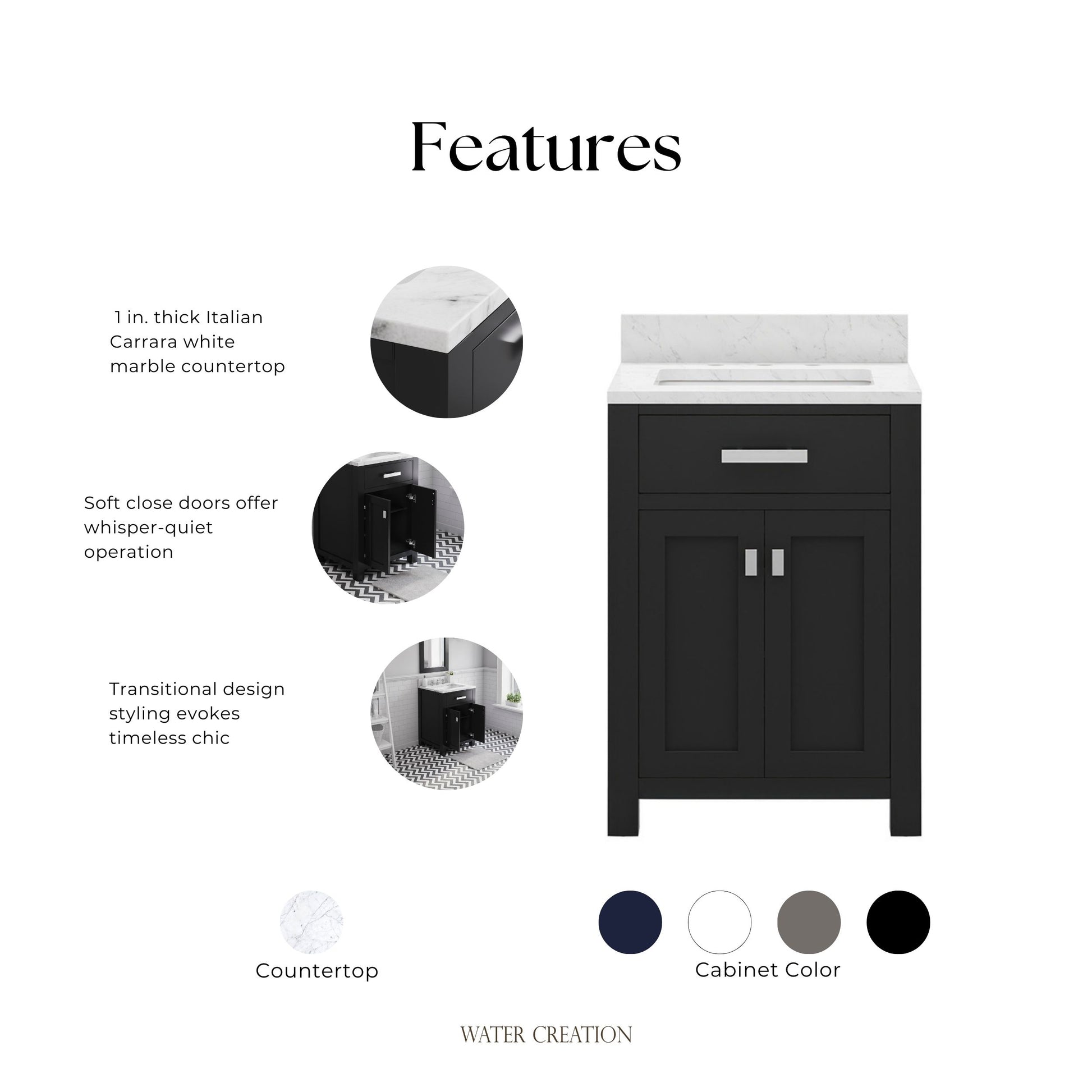 Madison 24 in. W x 21.5 in. D x 34 in. H Single Sink Bath Vanity in Espresso with Carrara White Marble Top | Water Creation