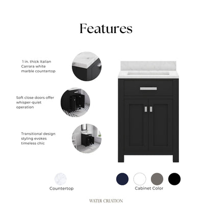 Madison 24 in. W x 21.5 in. D x 34 in. H Single Sink Bath Vanity in Espresso with Carrara White Marble Top | Water Creation