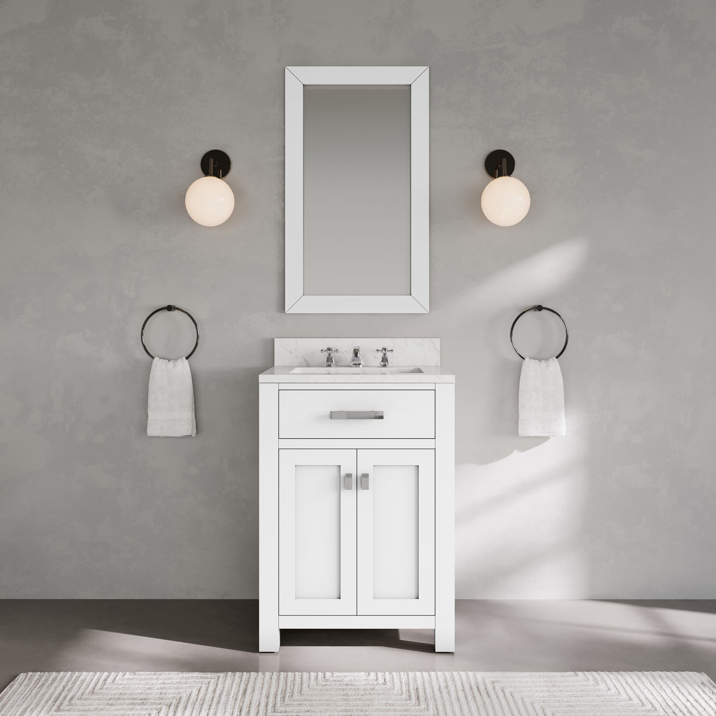 Madison 24 in. Vanity in Modern White with Marble Vanity Top in Carrara White | Water Creation