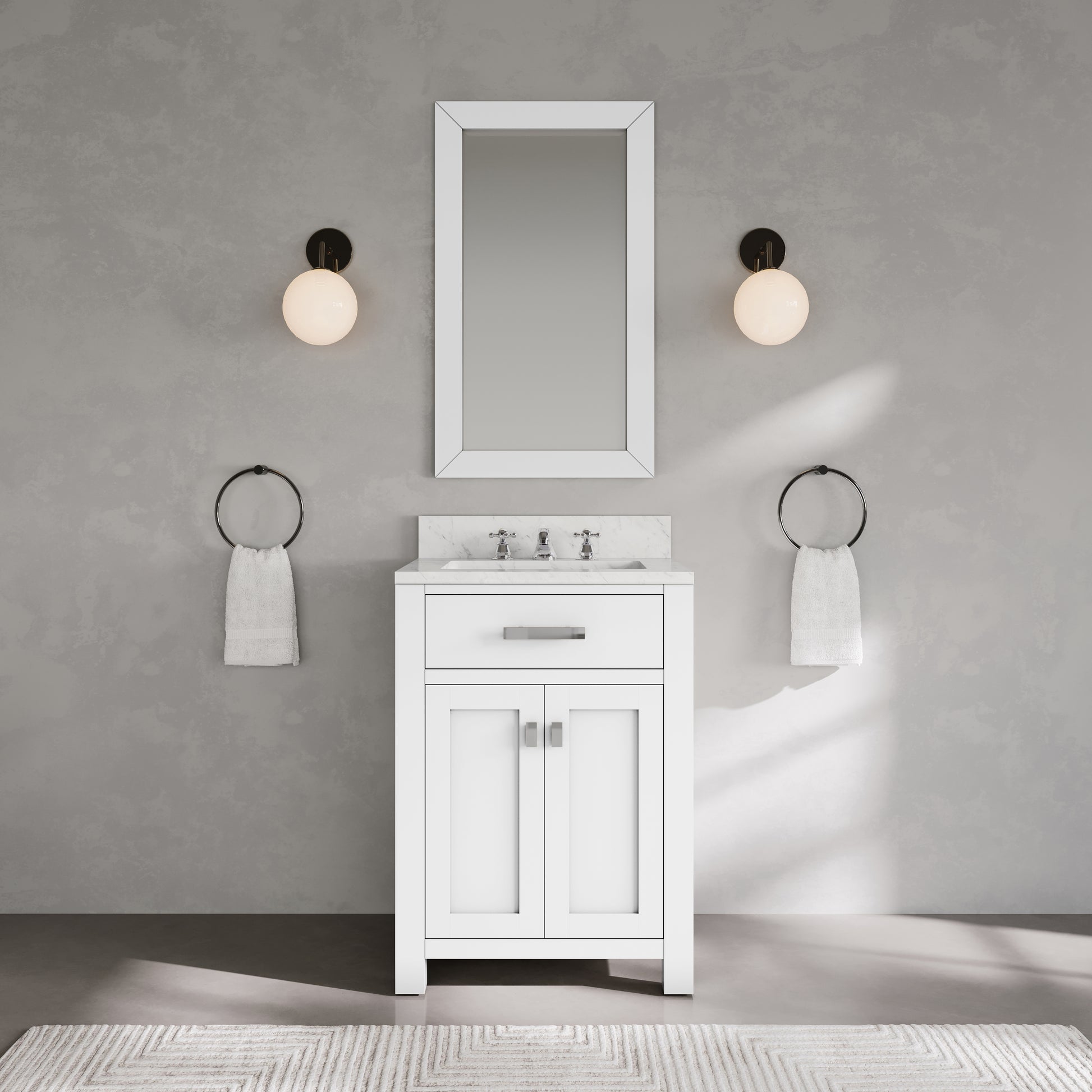Madison 24 in. Vanity in Modern White with Marble Vanity Top in Carrara White | Water Creation