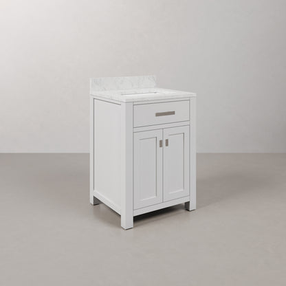 Madison 24 in. Vanity in Modern White with Marble Vanity Top in Carrara White | Water Creation