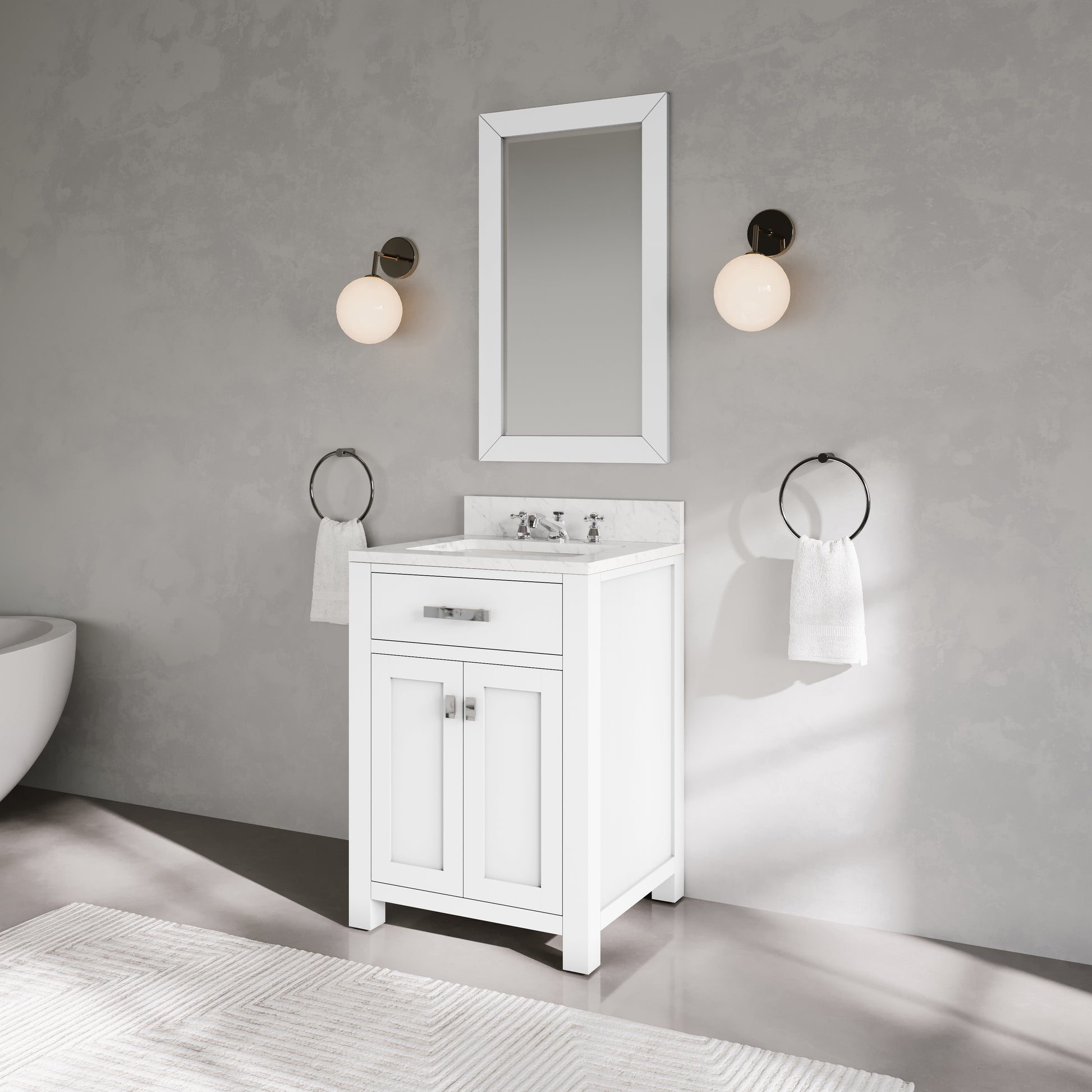 Madison 24 in. Vanity in Modern White with Marble Vanity Top in Carrara White | Water Creation