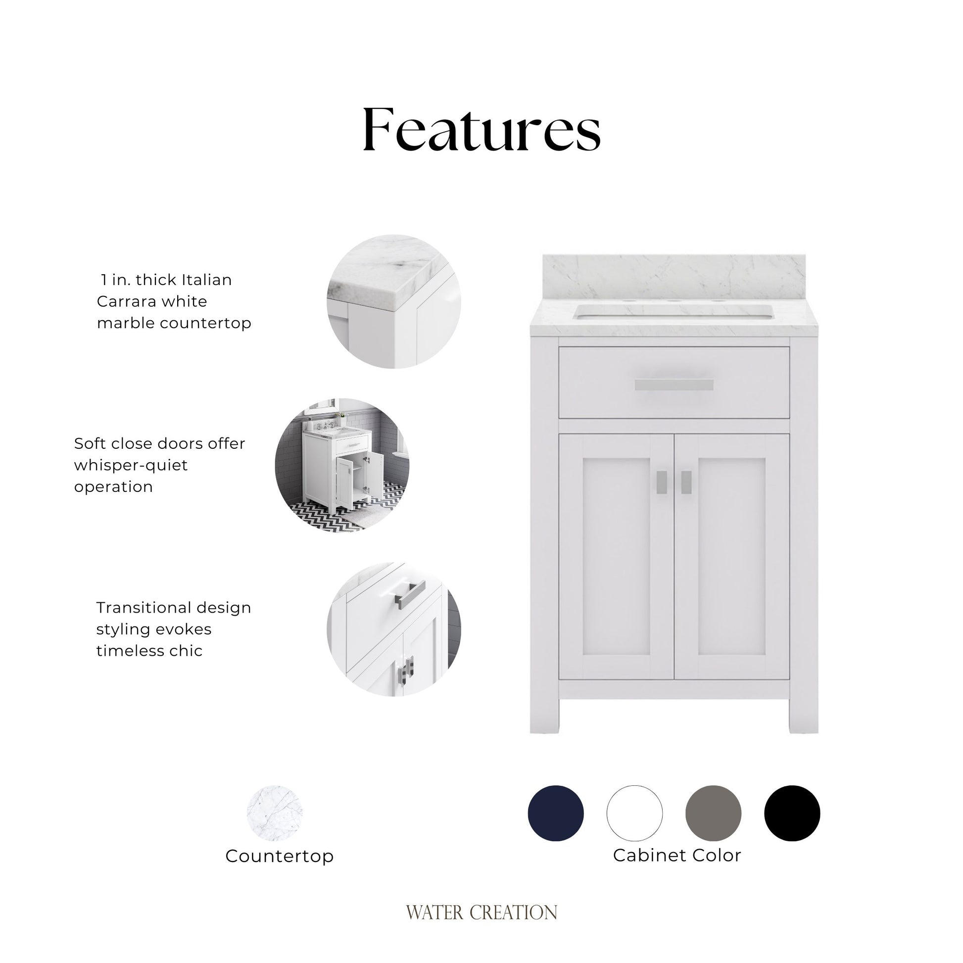 Madison 24 in. Vanity in Modern White with Marble Vanity Top in Carrara White | Water Creation