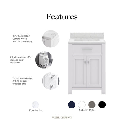 Madison 24 in. Vanity in Modern White with Marble Vanity Top in Carrara White | Water Creation
