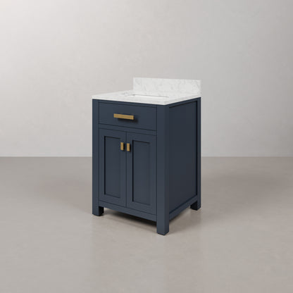 Madison 24 in. Bath Vanity in Monarch Blue with Marble Vanity Top in Carrara White with White Basin | Water Creation