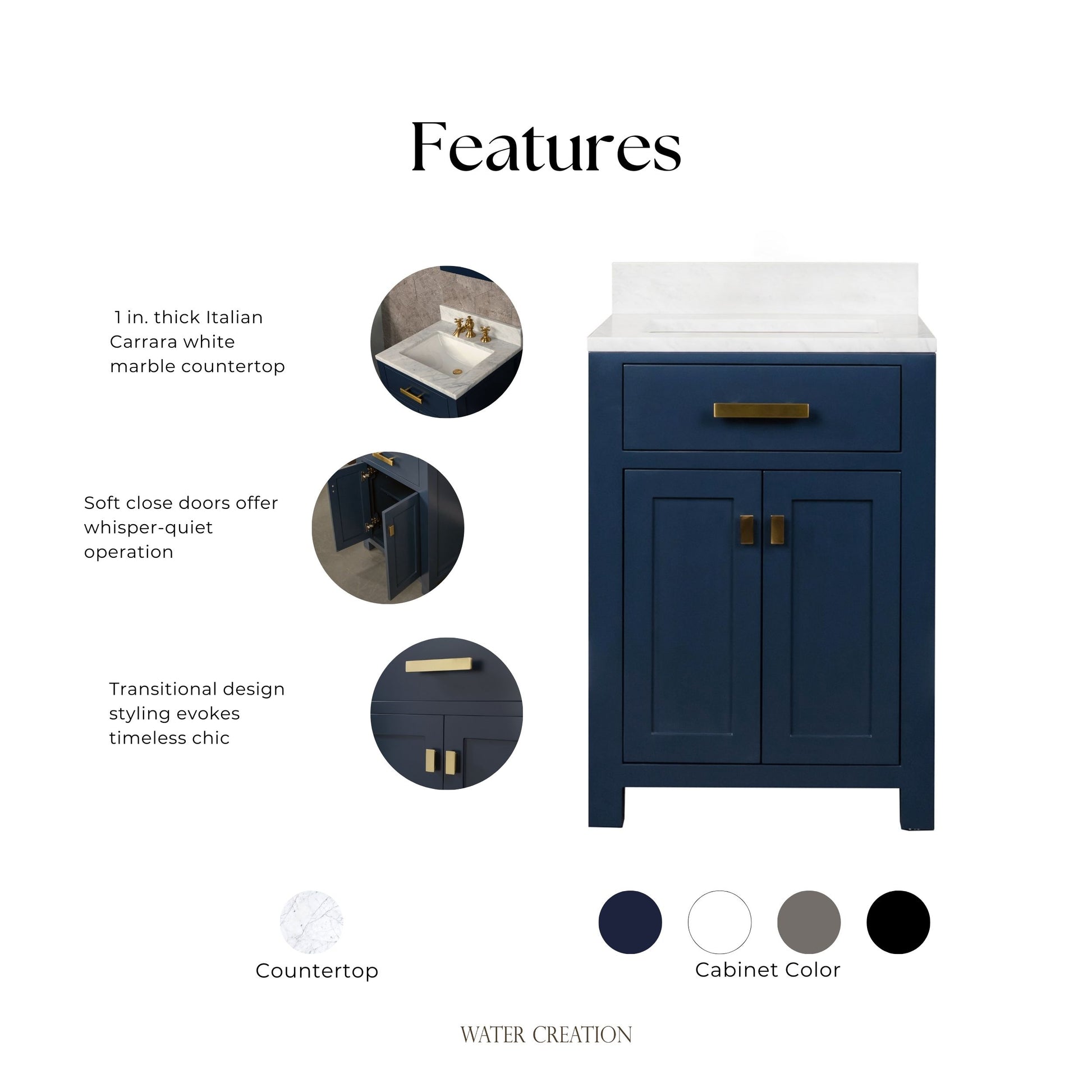 Madison 24 in. Bath Vanity in Monarch Blue with Marble Vanity Top in Carrara White with White Basin | Water Creation