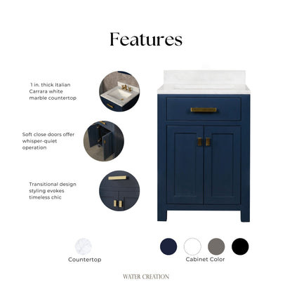 Madison 24 in. Bath Vanity in Monarch Blue with Marble Vanity Top in Carrara White with White Basin | Water Creation