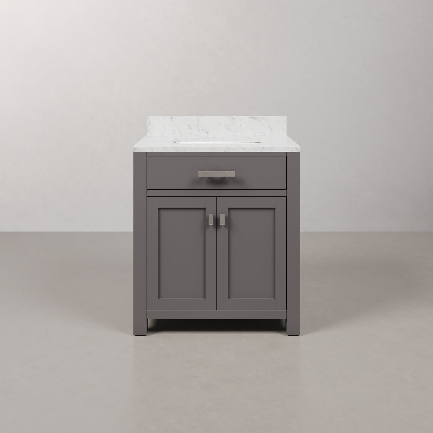 Madison 30 in. W x 21 in. D x 34 in. H Vanity in Cashmere Grey with Marble Vanity Top in Carrara White | Water Creation