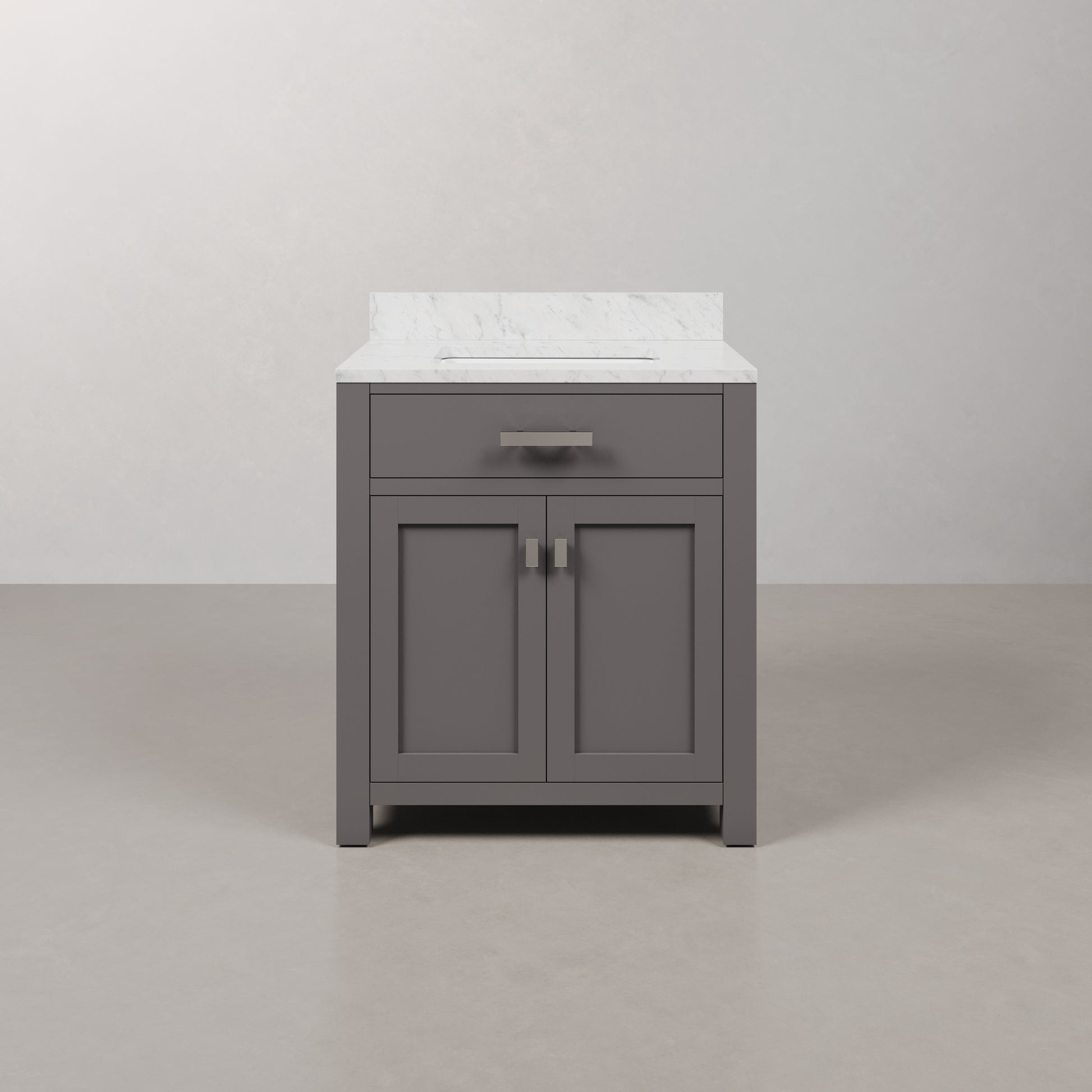 Madison 30 in. W x 21 in. D x 34 in. H Vanity in Cashmere Grey with Marble Vanity Top in Carrara White | Water Creation