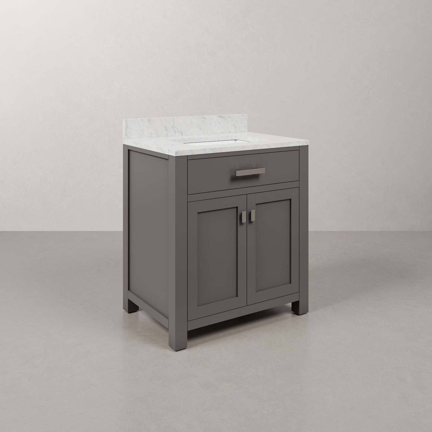 Madison 30 in. W x 21 in. D x 34 in. H Vanity in Cashmere Grey with Marble Vanity Top in Carrara White | Water Creation