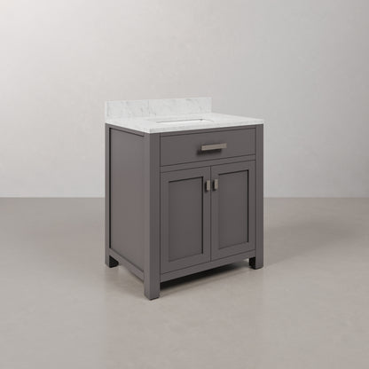 Madison 30 in. W x 21 in. D x 34 in. H Vanity in Cashmere Grey with Marble Vanity Top in Carrara White | Water Creation