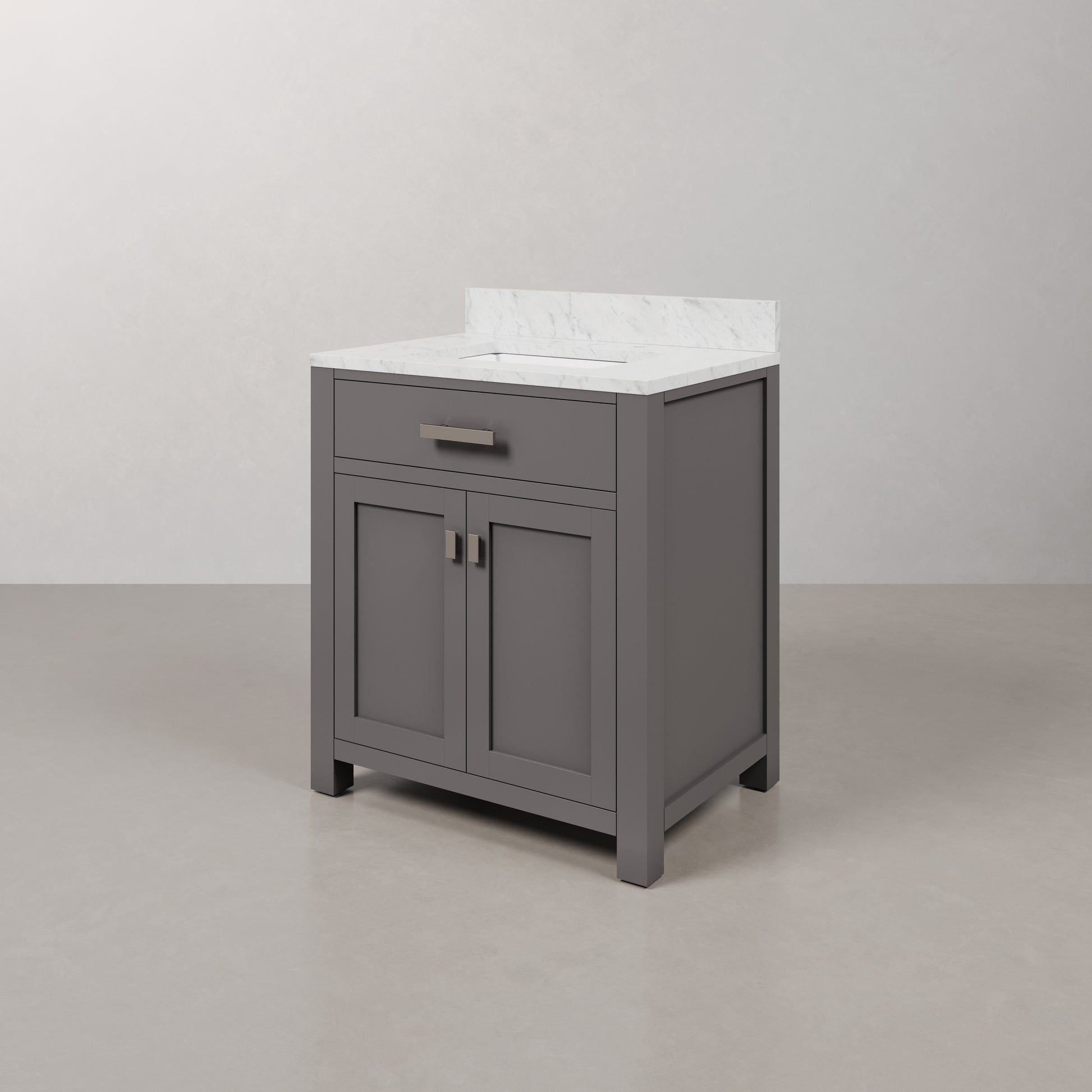 Madison 30 in. W x 21 in. D x 34 in. H Vanity in Cashmere Grey with Marble Vanity Top in Carrara White | Water Creation
