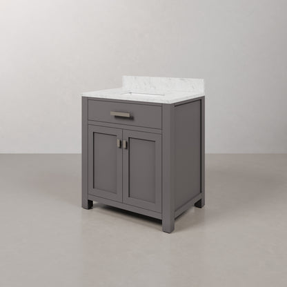 Madison 30 in. W x 21 in. D x 34 in. H Vanity in Cashmere Grey with Marble Vanity Top in Carrara White | Water Creation