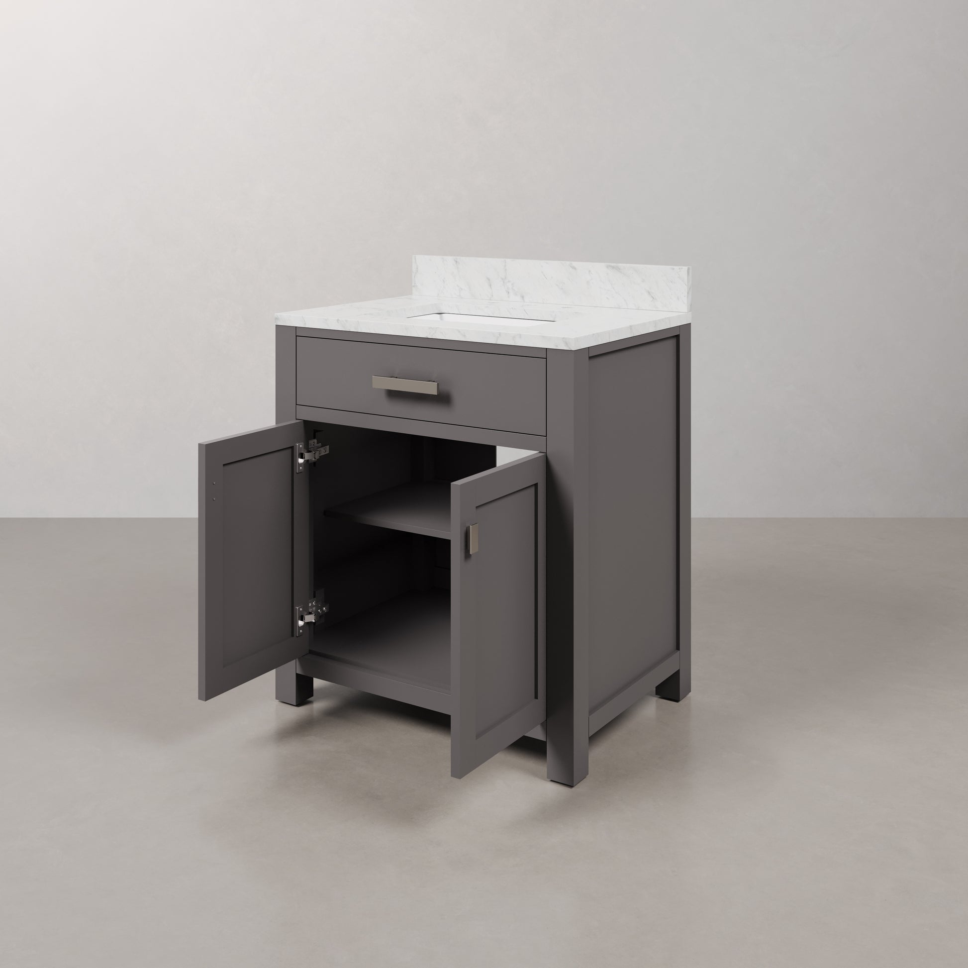 Madison 30 in. W x 21 in. D x 34 in. H Vanity in Cashmere Grey with Marble Vanity Top in Carrara White | Water Creation