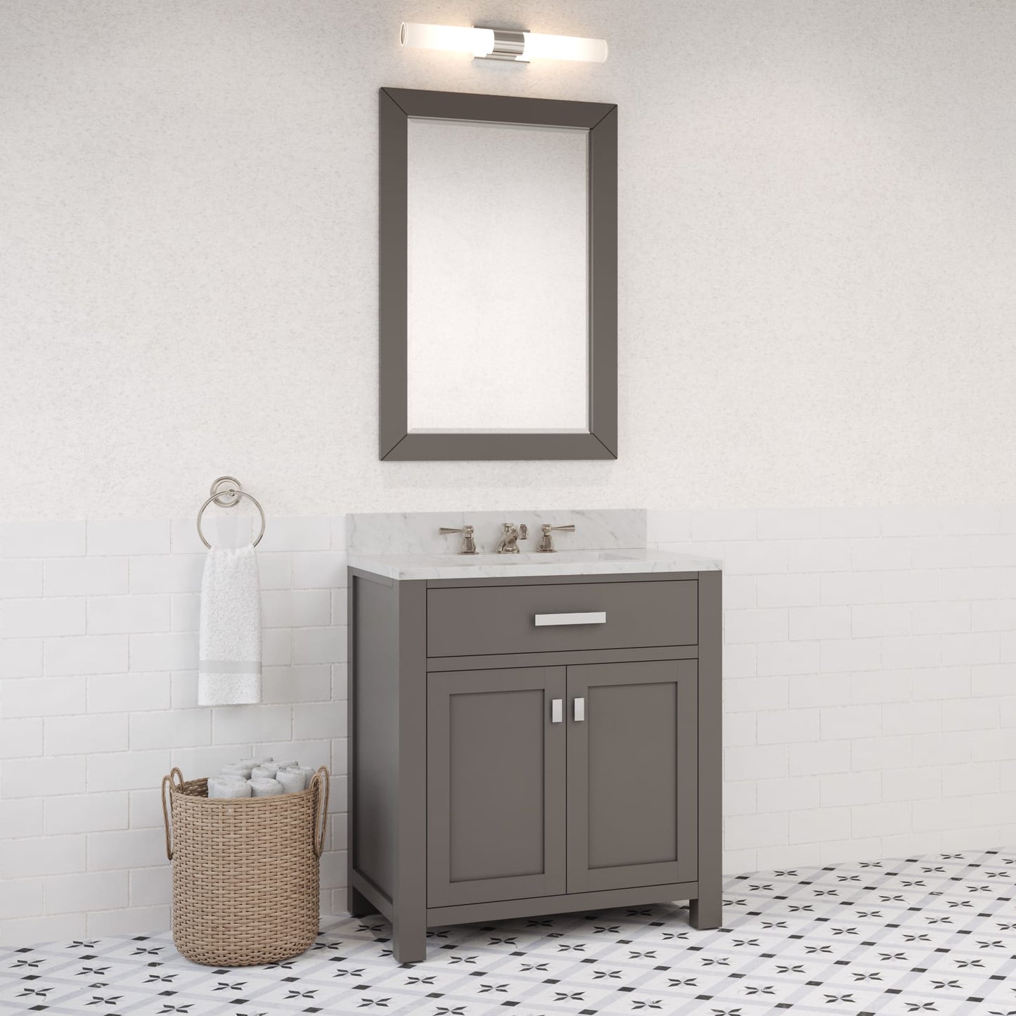 Madison 30 in. W x 21 in. D x 34 in. H Vanity in Cashmere Grey with Marble Vanity Top in Carrara White | Water Creation