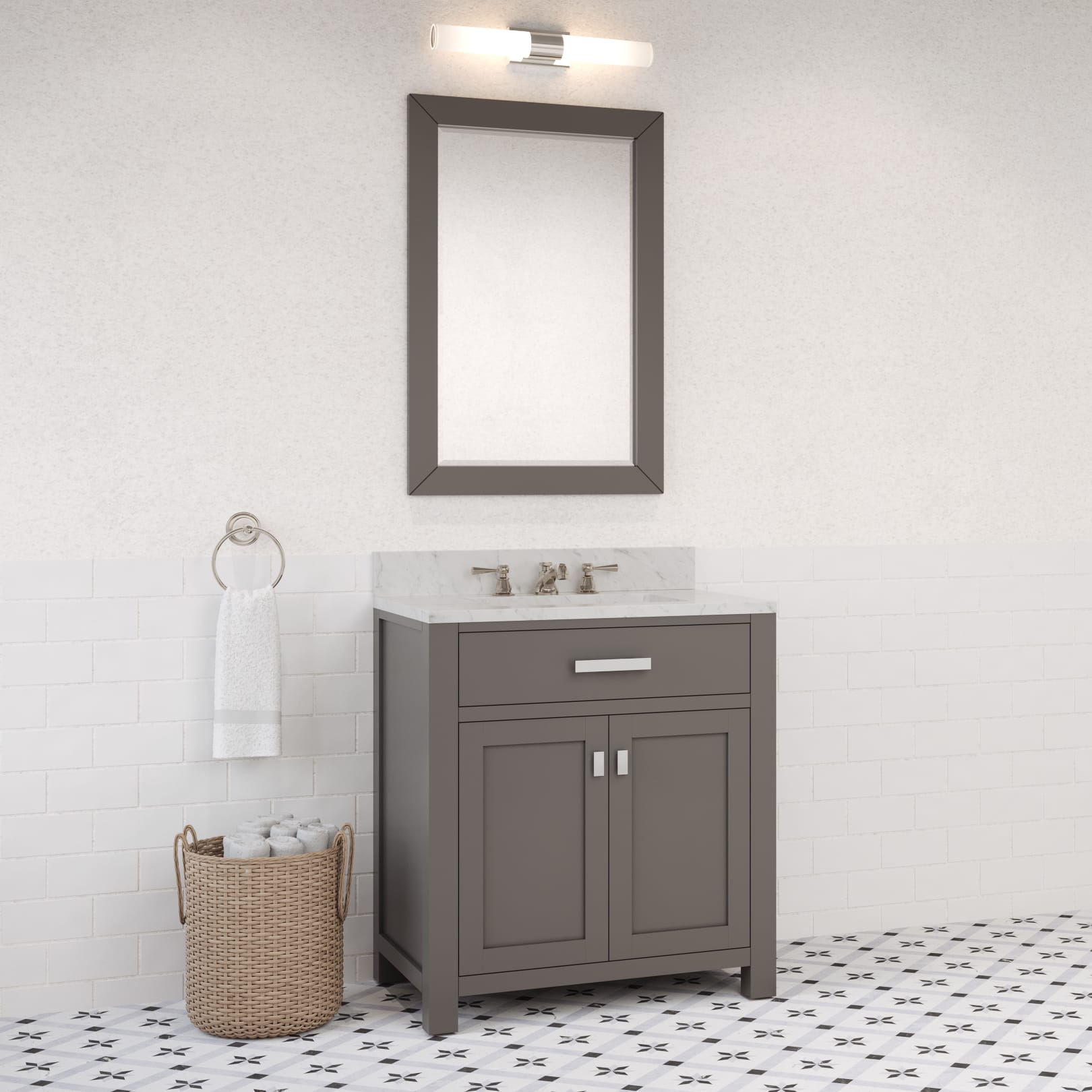 Madison 30 in. W x 21 in. D x 34 in. H Vanity in Cashmere Grey with Marble Vanity Top in Carrara White | Water Creation