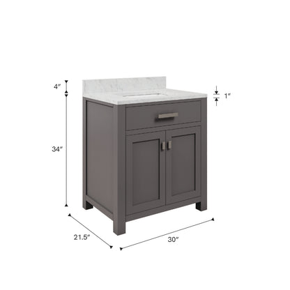 Madison 30 in. W x 21 in. D x 34 in. H Vanity in Cashmere Grey with Marble Vanity Top in Carrara White | Water Creation