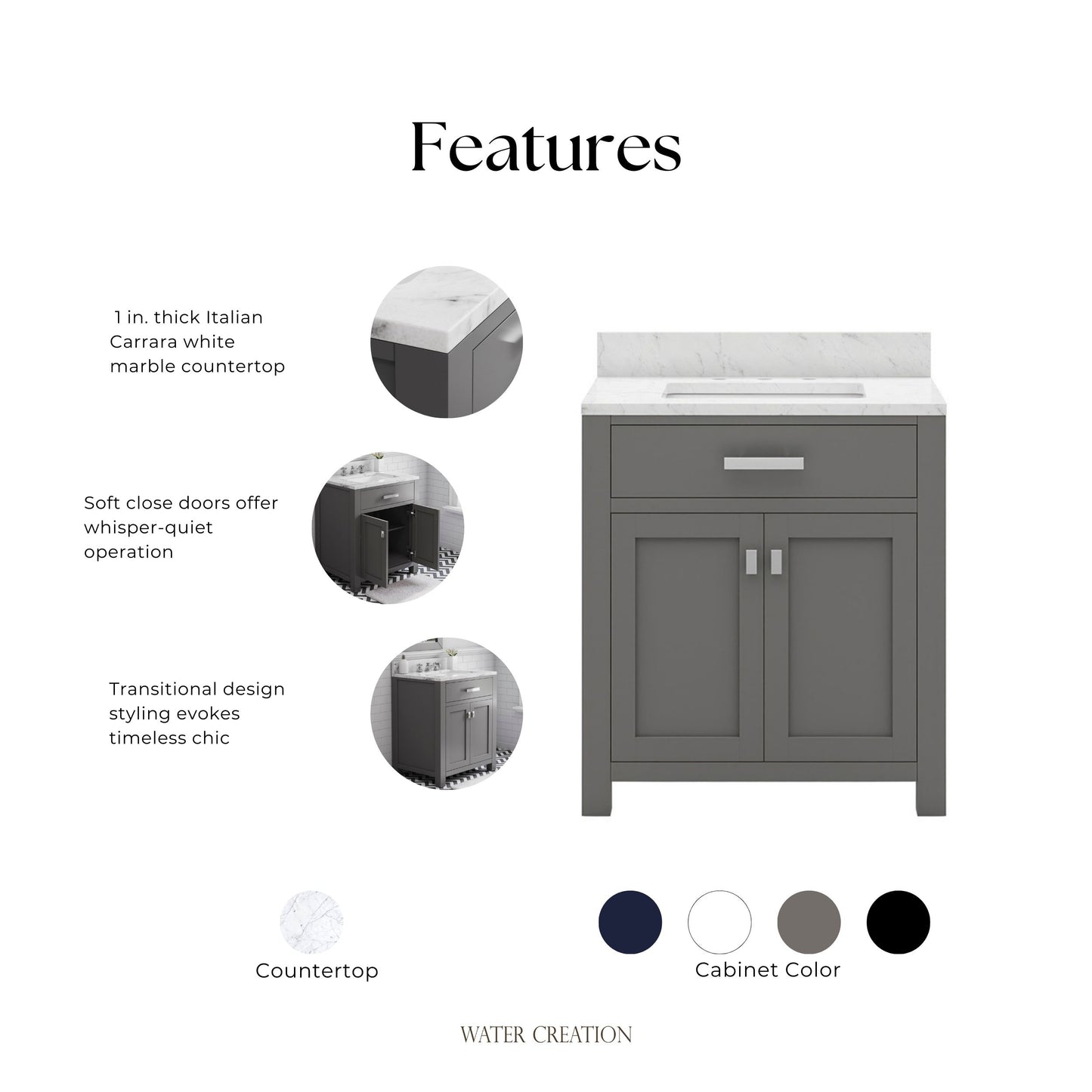 Madison 30 in. W x 21 in. D x 34 in. H Vanity in Cashmere Grey with Marble Vanity Top in Carrara White | Water Creation