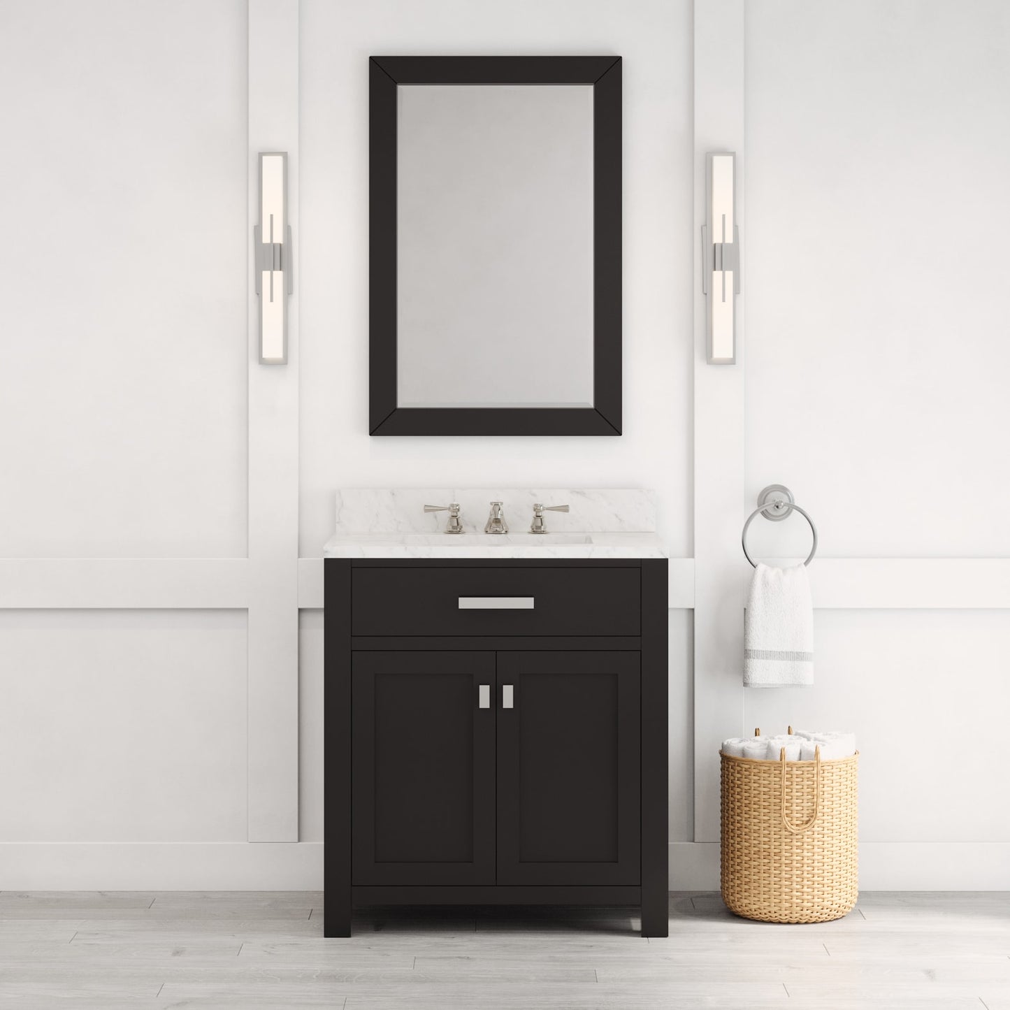 Madison 30 in. W x 21.5 in. D x 34 in. H Single Sink Bath Vanity in Espresso with Carrara White Marble Top | Water Creation
