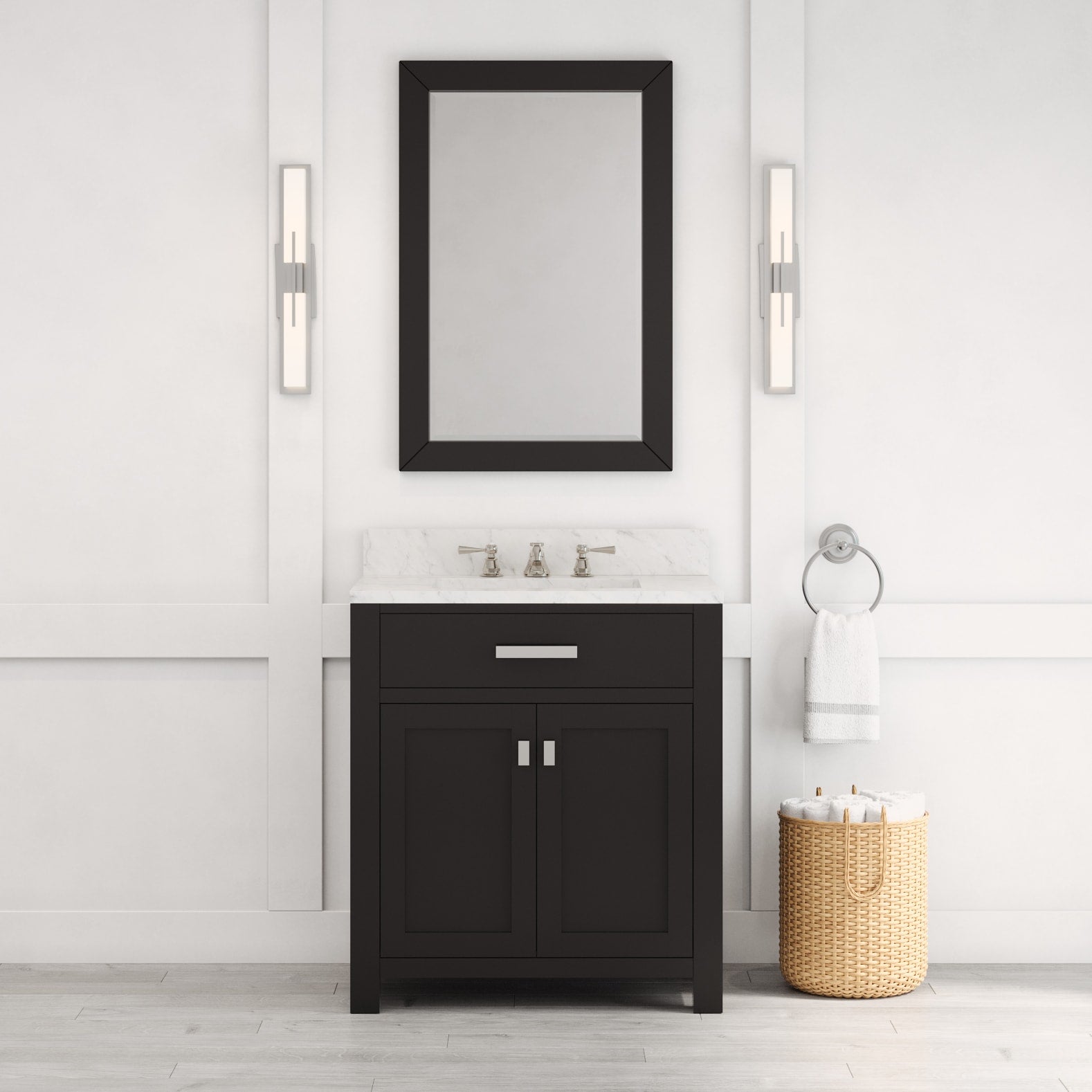 Madison 30 in. W x 21.5 in. D x 34 in. H Single Sink Bath Vanity in Espresso with Carrara White Marble Top | Water Creation