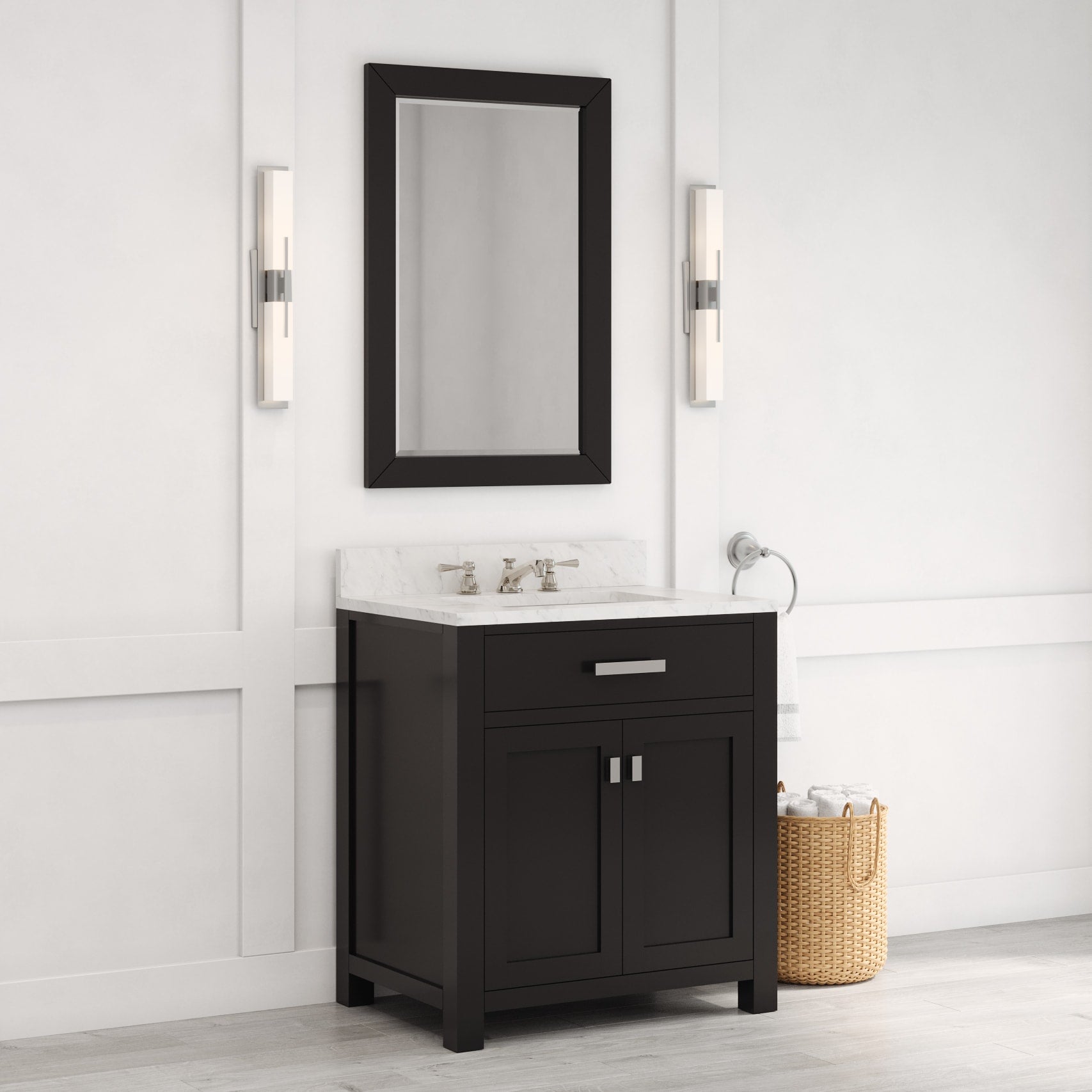 Madison 30 in. W x 21.5 in. D x 34 in. H Single Sink Bath Vanity in Espresso with Carrara White Marble Top | Water Creation