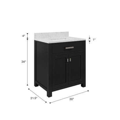 Madison 30 in. W x 21.5 in. D x 34 in. H Single Sink Bath Vanity in Espresso with Carrara White Marble Top | Water Creation